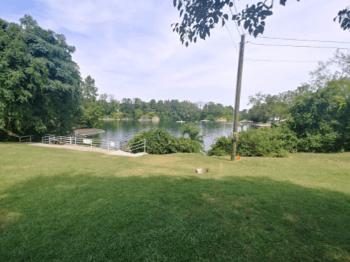 A serene lakeside view with green grass, trees, and a calm water surface under a clear sky.
