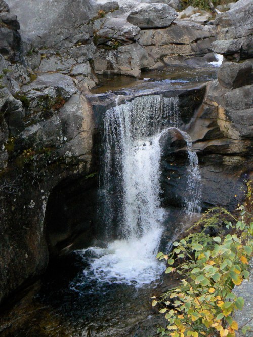 A serene waterfall cascading over rocky terrain, surrounded by natural greenery and smooth stones.