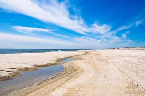 A serene beach scene with soft sand, gentle waves, and a clear blue sky with wispy clouds.