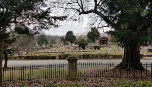 A view of a cemetery with gravestones, trees, and a wrought iron fence under a cloudy sky.