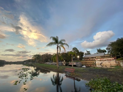 A serene river scene at sunset, featuring palm trees, a dock, and reflections on the water.