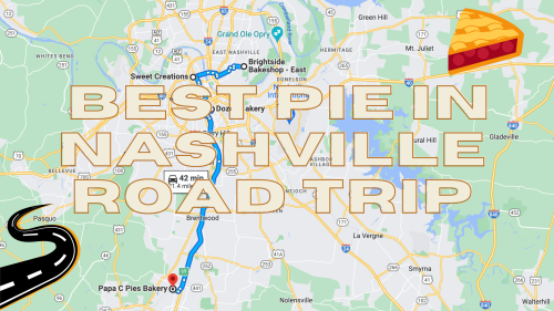 Map highlighting a road trip route to the best pie spots in Nashville, featuring a pie graphic and playful road elements.