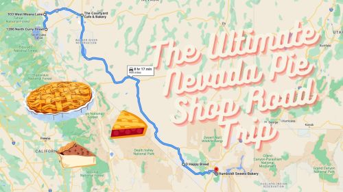 Map highlighting the "Ultimate Nevada Pie Shop Road Trip" with pie illustrations and route details.