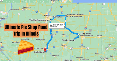 Map of a pie shop road trip in Illinois, highlighting routes to various pie shops with a slice of pie illustration.