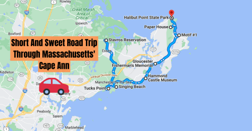 Map showing a road trip route through Cape Ann, Massachusetts, with key stops highlighted and a car icon.