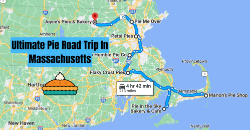 Map of a pie road trip in Massachusetts, highlighting various pie shops and the total distance of 213 miles.