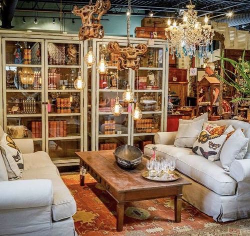 Cozy living room with vintage furniture, a chandelier, and decorative bookshelves, creating a warm, inviting atmosphere.