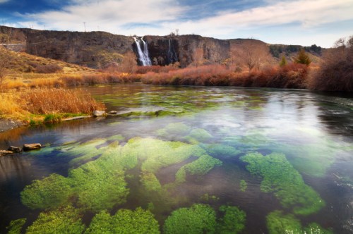 A serene river with green algae, surrounded by autumn foliage and a waterfall cascading from rocky cliffs in the background.