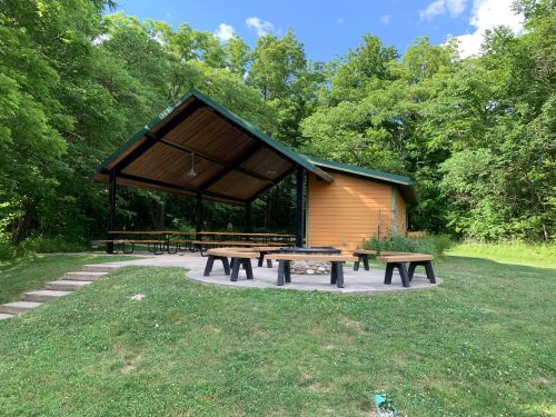 A picnic shelter with a wooden roof and multiple tables, surrounded by greenery and trees under a blue sky.