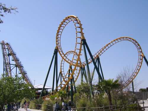 A yellow and green roller coaster with loops and twists against a clear blue sky, surrounded by palm trees.