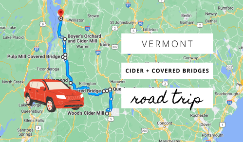 Map of Vermont highlighting a road trip route to cider mills and covered bridges, with a red car illustration.