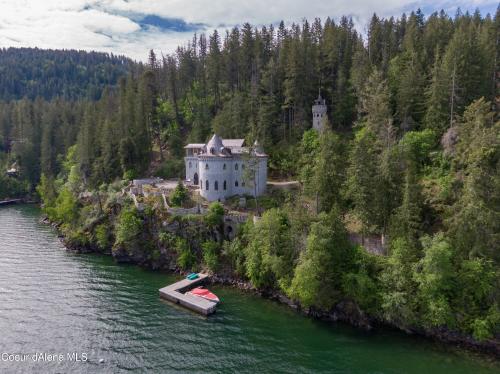 Aerial view of a castle-like structure surrounded by trees and water, with a small dock nearby.