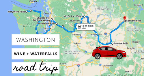 Map of a road trip in Washington, highlighting wine and waterfalls, with a red car icon and route details.