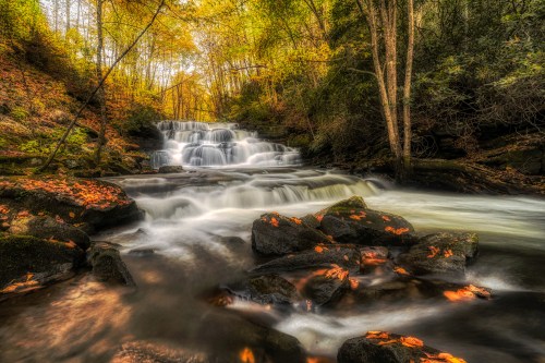 A serene waterfall cascades over rocks, surrounded by autumn foliage and trees in a tranquil forest setting.