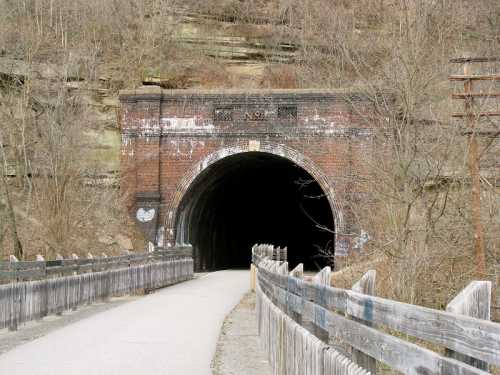 A brick tunnel entrance surrounded by rocky terrain, with a paved path leading towards it and a wooden fence on the side.