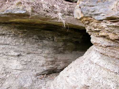 A rocky cliff with layered stone formations and some vegetation on top, creating a natural cave-like opening.