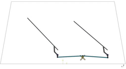 3D illustration of a mechanical linkage with two long arms connected by a central pivot point.