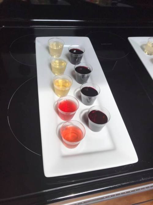 A white platter with ten small shot glasses filled with colorful liquids: gold, red, and dark purple.