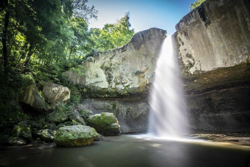 A serene waterfall cascades over a rocky cliff into a calm pool, surrounded by lush greenery.