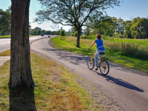 A person rides a bicycle along a path beside a grassy area, with trees and a road in the background.