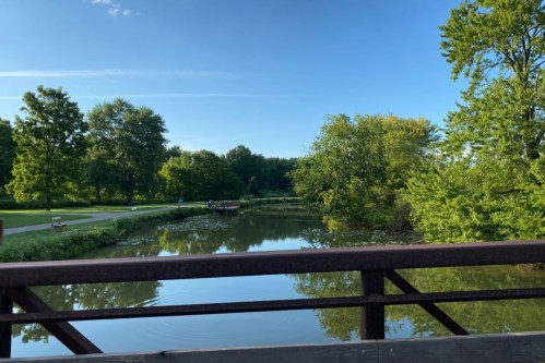 A serene view of a river surrounded by lush greenery, with a wooden bridge in the foreground and a clear blue sky.