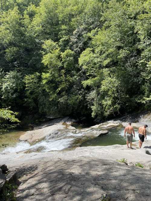 Two people walk along a rocky riverbank surrounded by lush green trees and flowing water.