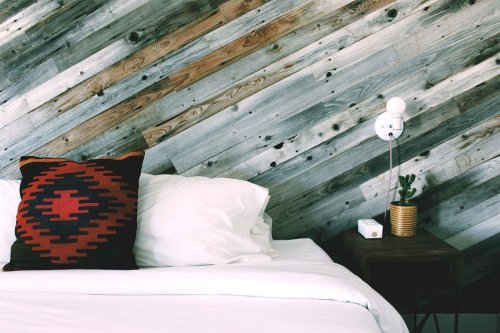 Cozy bedroom with a patterned pillow, white bedding, and a wooden accent wall, featuring a bedside lamp and a small plant.
