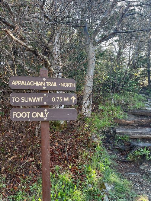 Signpost indicating the Appalachian Trail North, with directions to the summit 0.75 miles ahead. Foot traffic only.