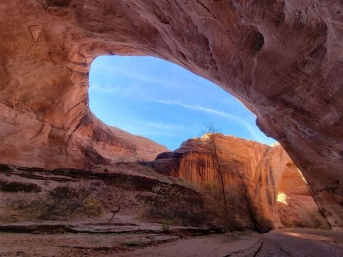 A stunning rock formation with a large arch, revealing a blue sky and desert landscape in the background.