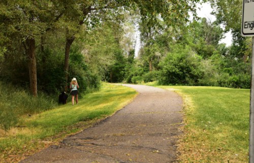 A child in a hat stands by a path in a green park, surrounded by trees and grass.
