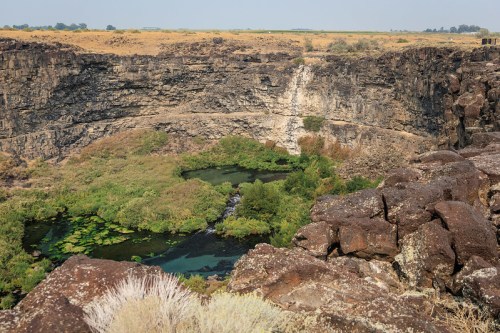 A scenic view of a rocky canyon with a lush green oasis and water at the bottom, surrounded by dry grasslands.