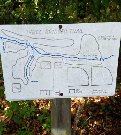 Map of the Three Bridges Trail, showing paths, loops, and landmarks in a wooded area.
