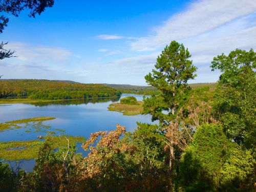 A serene landscape featuring a calm lake surrounded by lush greenery and distant hills under a clear blue sky.