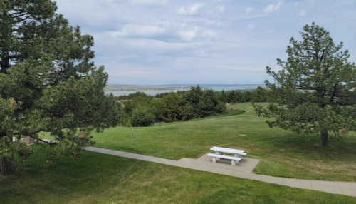 A serene landscape featuring green grass, trees, and a picnic table overlooking a calm body of water under a cloudy sky.