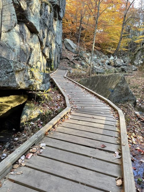 A winding wooden path leads through a rocky area with autumn foliage in the background.