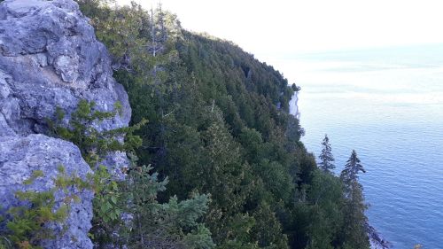 A rocky cliffside overlooking a dense forest and calm blue waters of a lake.