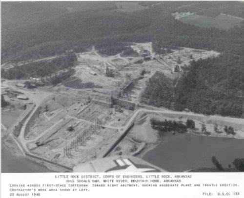 Aerial view of construction site near Little Rock, Arkansas, showing equipment and structures on August 23, 1948.