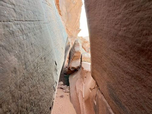 Narrow canyon walls of smooth rock, with sunlight illuminating the space between them.