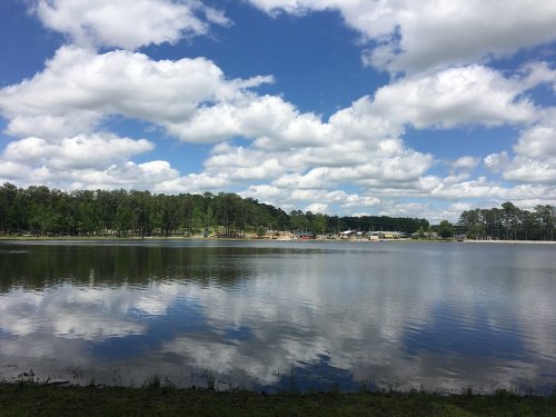 A serene lake reflecting fluffy clouds and trees, with a small town visible in the background under a blue sky.