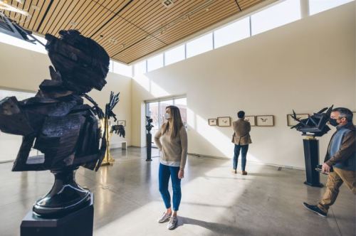 Visitors explore an art gallery featuring abstract sculptures and framed artworks in a bright, modern space.