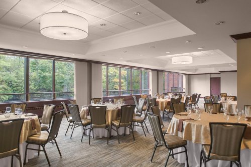A spacious dining room with round tables set for a meal, large windows offering a view of greenery outside.