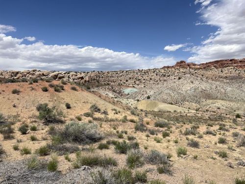 A vast desert landscape with rocky hills, sparse vegetation, and a blue sky dotted with clouds.