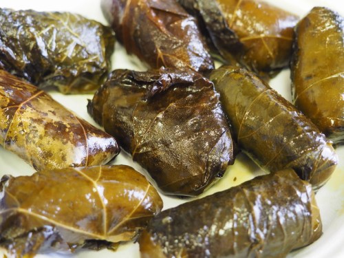 A plate of stuffed grape leaves, wrapped tightly and glistening with oil, showcasing various shades of green and brown.