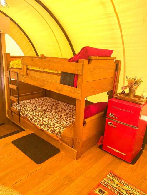 Cozy interior of a small cabin featuring a wooden bunk bed and a vintage red fridge. Warm, inviting atmosphere.