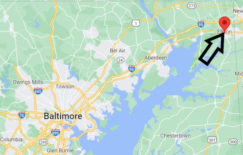 Map showing the location of Elkton, Maryland, northeast of Baltimore, with major roads and surrounding areas highlighted.