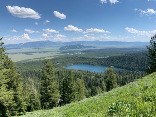 A panoramic view of lush green forests and a serene blue lake under a bright sky with scattered clouds.
