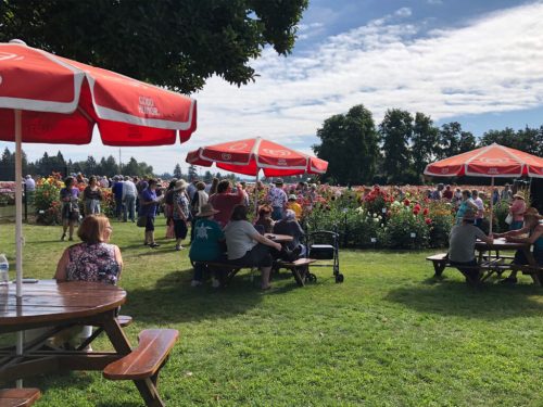 A crowded flower festival with people enjoying the day under red umbrellas, surrounded by blooming flowers and greenery.