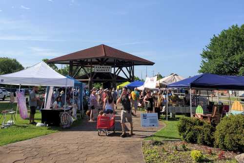 A bustling farmers market with tents, vendors, and visitors enjoying a sunny day in a park setting.