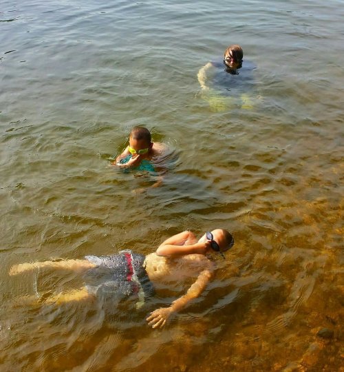 Three children play in shallow water, two floating and one swimming, enjoying a sunny day by the shore.