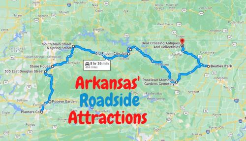 Map of Arkansas highlighting a route to various roadside attractions, including notable stops and travel time.